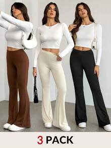 SHEIN Tall Conjunto de 3 pantalones de cintura alta, ajustados y acampanados para mujer, adecuados para primavera y verano - Multicolor - Ver 10