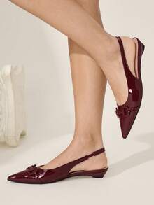 CUCCOO CHICEST Women's Vintage Metal Buckle Pointed Toe Flat Shoes, Lacquered Leather Backless Slip-On Pumps, Versatile For Commuting, Shopping, Daily Wear, Dating, Spring/Summer - Burgundy - View 6