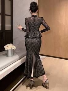 DAZY 春夏镂空黑色蕾丝上衣，修身剪裁，适合情人节、婚礼、派对、正式场合，时尚鸡尾酒会礼服，紧身鱼尾裙两件套女装 - 黑色 - 查看 8