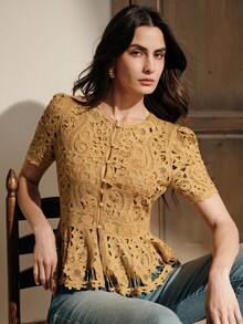 Anewsta Women's French Elegant Hollow Floral Patterned Waist A-Line Knit Top, Summer - Yellow - View 4