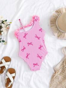 SHEIN Emery Rose Kids 小女孩可爱数码印花粉色蝴蝶结连体泳衣，适合海滩和泳池度假 - 淺粉色 - 查看 8