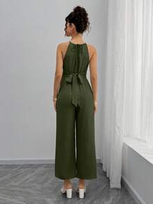 Momance Maternity Jumpsuit With Wooden Bead Halter Neck, Tie Front Waist Bow Detail, Full Length Pants - Green - View 2
