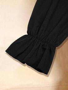 Sweetra 大码宫廷风提花拼布长袖连衣裙 - 黑色 - 查看 7