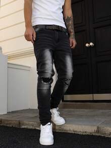 Manfinity LEGND Men's Black Distressed Patch Skinny Fit Jeans, Streetwear Style, All Season - Black - View 6