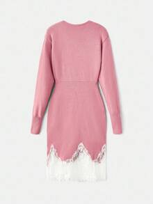 lacRébo 复古风粉色裹身针织长袖连衣裙，睫毛蕾丝下摆，秋冬女装 - 粉色 - 查看 10