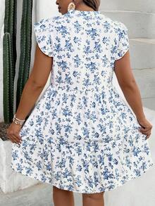 SHEIN PETITE Petite Women's V-Neck Cinched Waist A-Line Casual Vacation Dress With Ditsy Floral, Spring/Summer - Multicolor - View 2