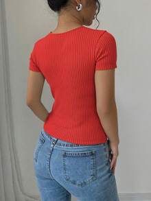 Top ajustado de manga corta con cuello cuadrado y tejido de canalé - Rojo - Ver 4