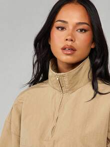 MISSGUIDED Funnel Neck Zip Up Windbreaker Jacket With Elastic Cuffs Front Pocket Lightweight Outerwear Fall Spring - Beige - View 6