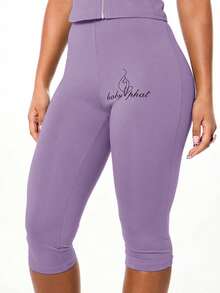 BABYPHAT Women's Purple Lavender Basic Jersey Capri Leggings With Script Text Print Comfortable Mid Length Casual Bottoms - Lilac Purple - View 6