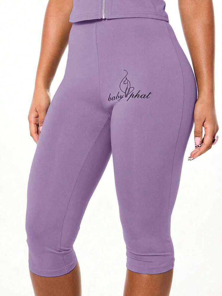 BABYPHAT Women's Purple Lavender Basic Jersey Capri Leggings With Script Text Print Comfortable Mid Length Casual Bottoms