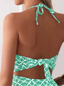 SHEIN Swim 女士沙滩度假扭结挂脖连体泳衣 - 綠色 - 查看 4