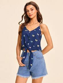 SHEIN VCAY Top Corto De Cami Para La Playa Con Estampado De Mariposas Y Lazo En La Parte Inferior - Azul Marino - Ver 4