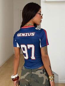 Coolane 女士春夏节日街头风 Y2K V 领约会之夜针织 T 恤 - 藏蓝色 - 查看 7