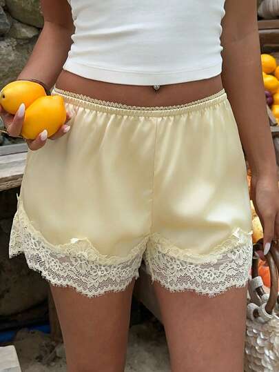 Aloruh Women's Valentine's Day Yellow Sexy Lace Trim Satin Shorts