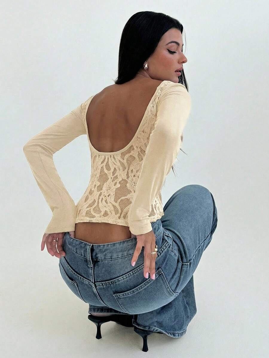 Aloruh Women's Sexy Elegant Contrast Lace Open Back Fitted Cropped Long Sleeve T-Shirt, Spring/Summer - Apricot - View 1