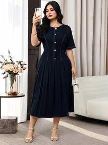 Modelyn Plus Size Solid Color Round Neck Metal Decor Casual Short Sleeve Dress - Navy Blue - View 6