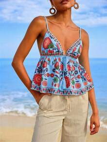 SHEIN TRVLCHIC Áo hai dây dệt in họa tiết phong cách thường ngày dành cho nữ, thích hợp cho kỳ nghỉ hè. - Màu xanh lam - Xem 3