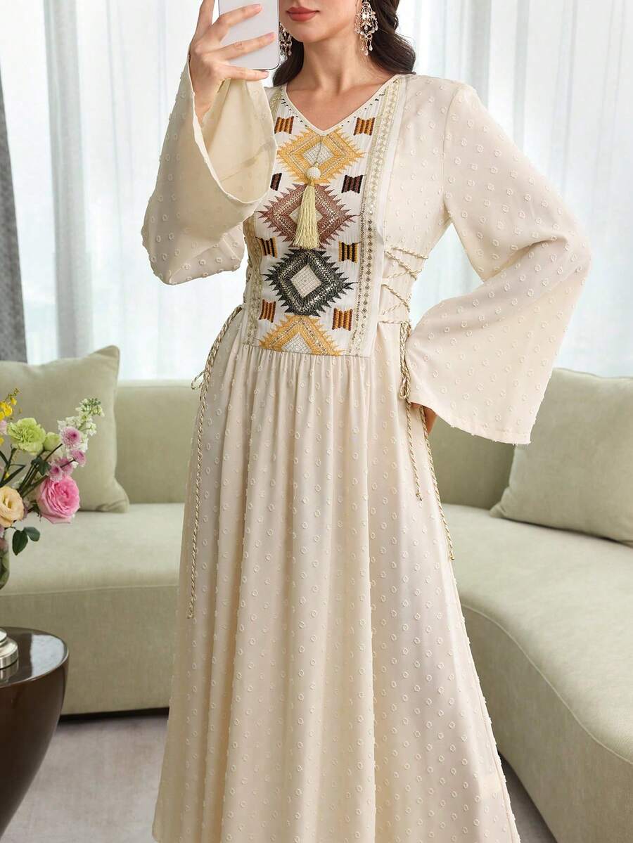 Yasmyna Women's Brown Woven Jacquard Long Sleeve Embroidered Tie-Waist A-Line Fringe Pendant Elegant Romantic Turkish & Arabic Traditional Maxi Dress, Spring/Summer - Apricot - View 1