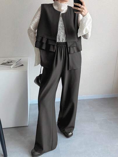 FRIFUL レディース 無地 フリル裾 通勤ベスト&ストレートレッグパンツ スーツ 夏