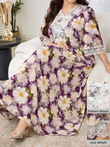 Al Najma Vestido de manga abullonada media longitud con cuello en V y adorno de encaje, elegante y romántico para primavera/verano - Multicolor - Ver 2