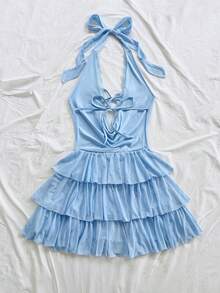 Soleia Women's Light Blue Summer 70's Party Disco Vacation Holiday Lace Patchwork Mesh Sequin Ruffle Hem Draped Neck Mini Dress, Boho Birthday Outfit - Baby Blue - View 2
