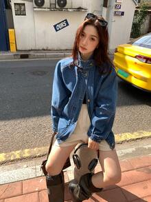 DAZY 女士长袖单排扣休闲宽松牛仔外套 - 藍色 - 查看 8