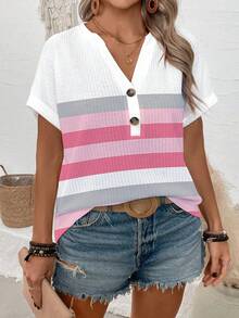 EMERY ROSE Neue Damen Lässig Loose V-Ausschnitt Kurzarm Gestreiftes Digital Muster Große Größen T-Shirt, Sommer - Weiss - Übersicht 1