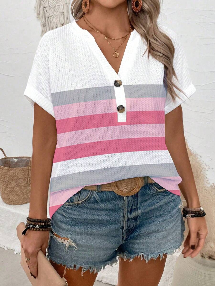 EMERY ROSE Neue Damen Lässig Loose V-Ausschnitt Kurzarm Gestreiftes Digital Muster Große Größen T-Shirt, Sommer - Weiss - Übersicht 1