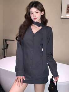 DAZY Women's Autumn French Retro Single-Breasted V-Neck Tie-Waist Cardigan + Skirt 2 Pieces Suit Set - Grey - View 3