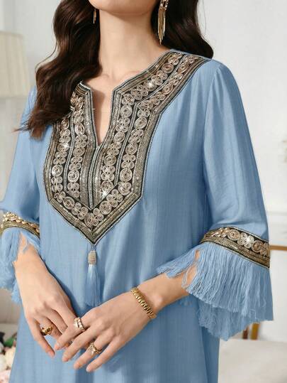 Yasmyna Women's Woven Tassel Decor Notched Neck Elegant Turkish Maxi Dress & Arabic Traditional Abaya