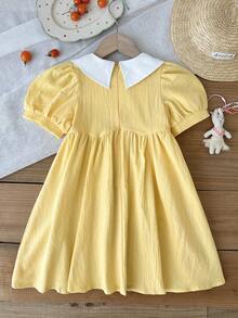 SHEIN LMoss Kids Young Girls French Elegant Floral Print Color Block Collar Petal Sleeve Dress, Young Girls - Multicolor - View 2