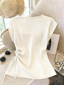 Franclia Elegant T-Shirt Short-Sleeved T-Shirt White T-Shirt Drawstring Design T-Shirt Women's Elegant T-Shirt Versatile T-Shirt Women's Casual Vacation T-Shirt Women's Outing T-Shirt Women's Commuting Wear Women's Spring And Summer T-Shirt Women's Graduation Season T-Shirt - White - View 2