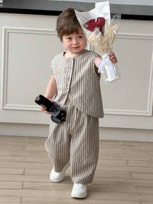 DAZY Baby Boy Striped Print Button-Front Shirt And Pants Casual Outfit - Grey - View 4