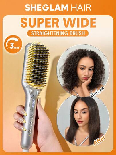 SHEGLAM HAIR Silver Yellow Sleek Chic Triple Grip Straightening Brush 62 Mm,Ionic Hair Straightener Comb,3 Min Quick Styling & 5 Temp Settings,60s Quick Heat Up & 60 Min Auto Shut-Off,Anti-Scald Comb Teeth & Digital Tube Display,Ceramic Coated Heating Element,40 Million Negative Ions For Less Damage,More Shine,Travel-Friendly 100-240V Universal Voltage For Daily Commute To Work- US Plug