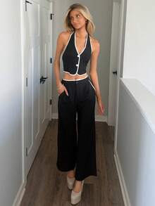 Sydney Algeri 2 件套通勤女士纯色短款无袖上衣和裤子套装 - 黑色 - 查看 1