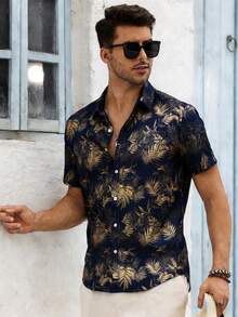 Manfinity RSRT Men's Summer Beach Vacation Tropical Print Short Sleeve Shirt - Navy Blue - View 8
