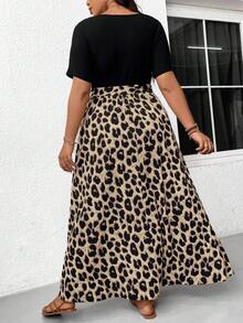 SHEIN Frenchy Plus Size Solid Color Leopard Patchwork Simple Daily Short Sleeve Dress For Women Fall Clothes - Multicolor - View 4