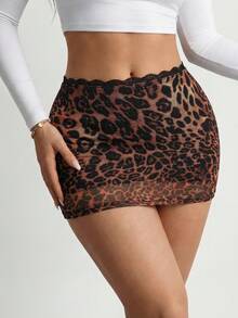 SHEIN SXY Leopard Print Lace Patchwork Low Waist Mesh Skirt,Carnival,Party,Rave Outfit ,Summer, Spring,Valentine's Day,Beach,Going Out,Vacation,Y2K,Leopard Print ,Cheetah Print,Mesh ,Sheer - Multicolor - View 5