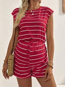 SHEIN Maternity Striped Print Round Neck Tie-Front Casual Jumpsuit, Summer - Red - View 3