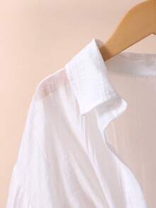 SHEIN Irls 白色翻领落肩七分袖衬衫，学院风百搭，适合春夏休闲校园穿着 - 白色 - 查看 5