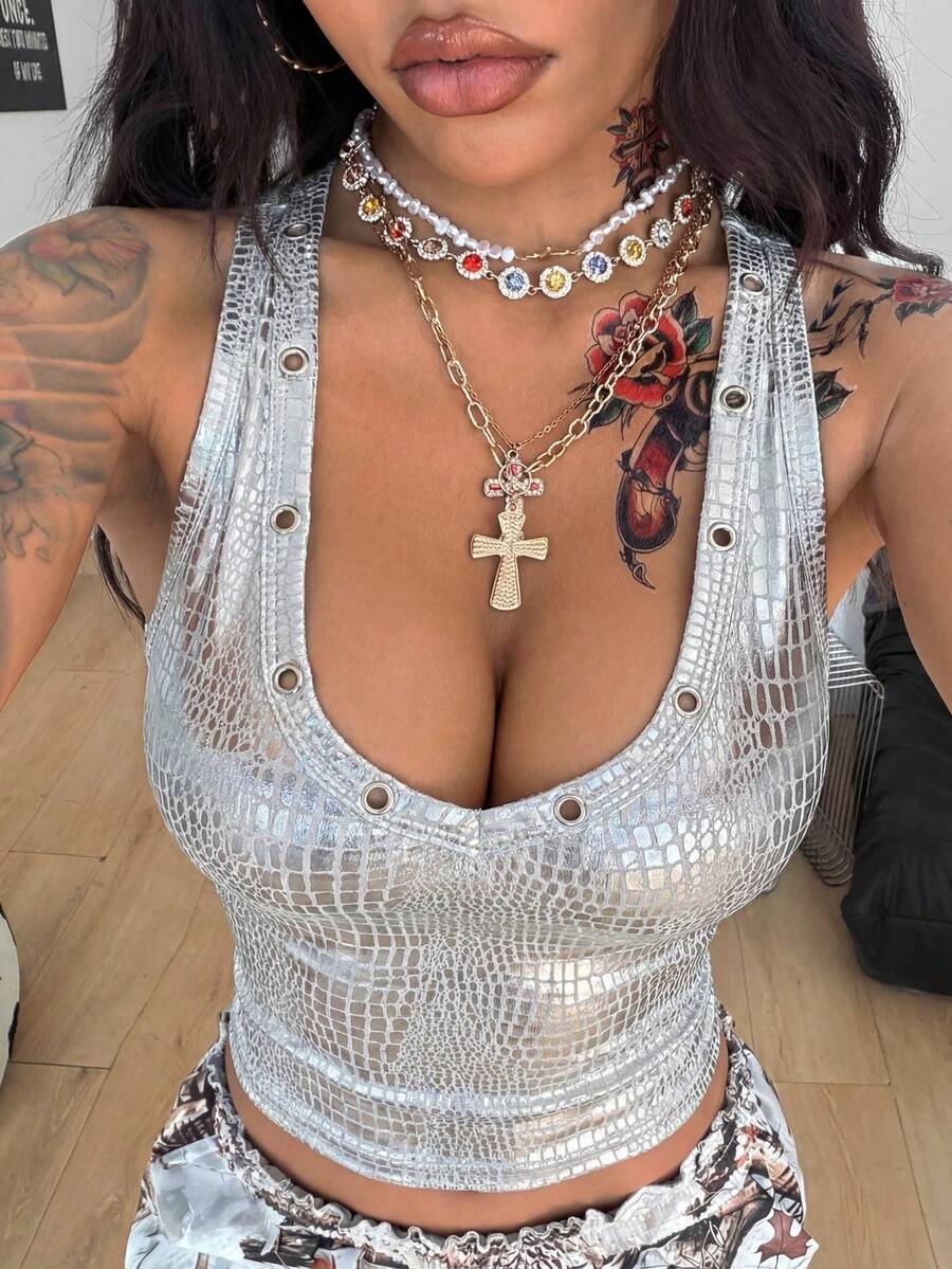 Coolane 女士四季皆宜的街头复古风背心，适合音乐会、锐舞派对、音乐节、夜店、文艺复兴集市等各种场合。 - 銀色 - 查看 1