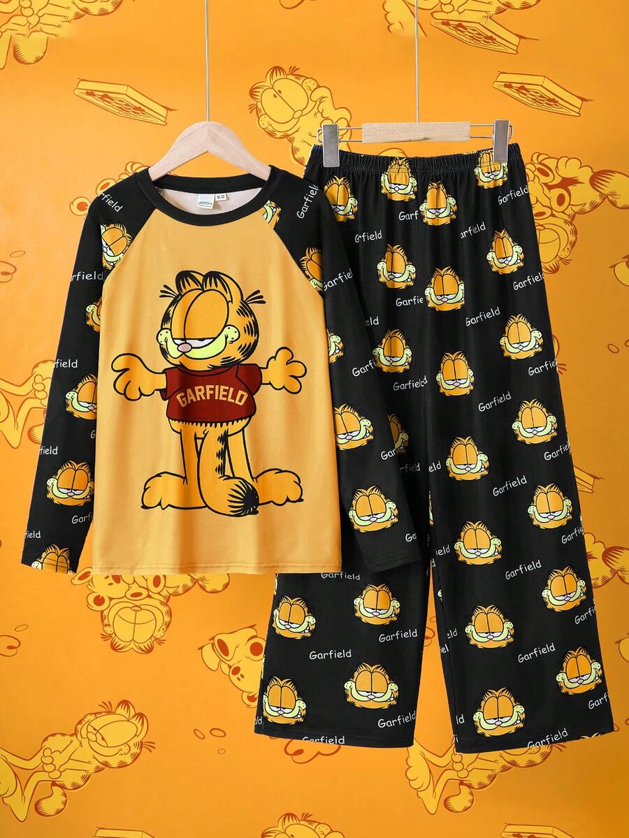 GARFIELD | SHEIN Bộ đồ mặc nhà 2 mảnh dành cho bé trai tuổi teen, in hình hoạt hình, phối màu vàng tương phản, gồm áo thun dài tay và quần dài in họa tiết toàn thân. - Màu vàng - Xem 1