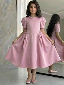 SHEIN Tween Girl Spring/Summer Elegant Beaded Pink Petal Sleeve Leg-Of-Mutton Short Sleeve Dress Tween Girl - Pink - View 7