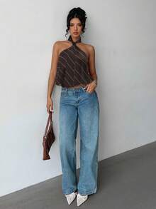 Jeanoix Women's Striped Halter Backless Fashionable Versatile Date Party Top - Coffee Brown - View 4