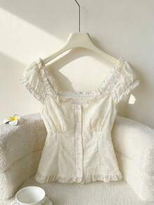 GlowEve Apricot Embroidered Frill Trim Button-Up Vacation Blouse For Women - Apricot - View 1