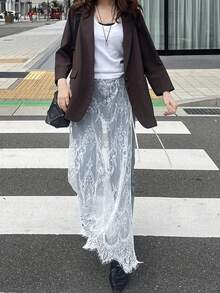 FRIFUL Women's Solid White Sheer Lace Fabric Layered Flared Loose Casual Versatile Skirt - White - View 5