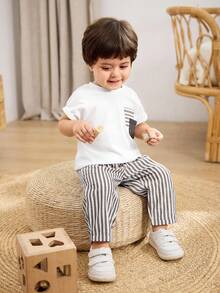 Cozy Pixies 2pcs Baby Boy Decorative Pocket Knitted Soft Round Neck Drop Shoulder Short Sleeve Top & Striped Pants Set - Multicolor - View 7