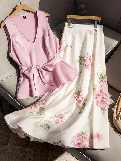 GlowEve CURVE 女士优雅甜美无袖蝴蝶结上衣和浪漫印花半裙两件套