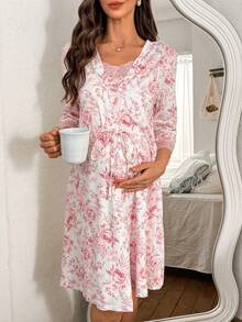 Moonlight&Mama Floral Print Lace Trim Maternity Robe & Slip Dress, Suitable For Moms To Wear All Seasons - Baby Pink - View 5