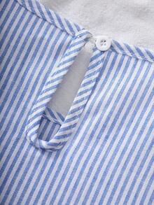 少女春夏度假北欧休闲日常通勤圆领无袖荷叶边下摆娃娃裙，条纹亚麻连衣裙 - 藍色 - 查看 7